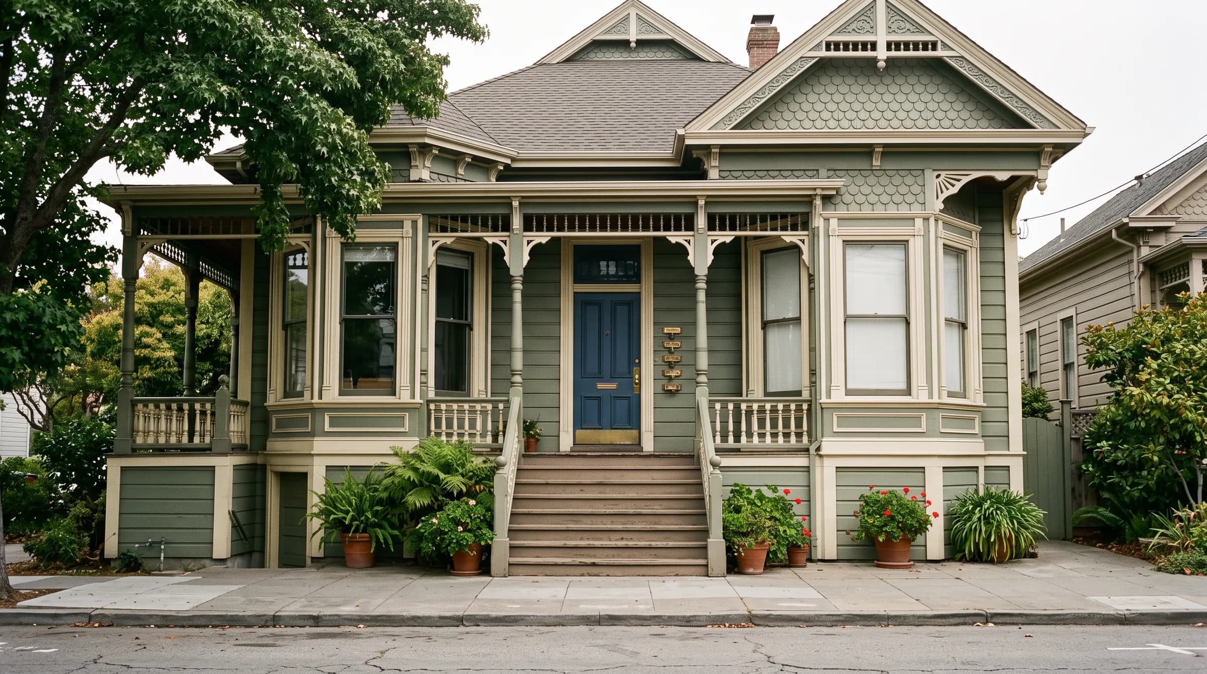 A Fernside porch at dusk: a tall painted Victorian front door under a deep porch, a brass handleset at hand height, four bell buttons and a row of mail slots on the casing beside it, and the front rooms lit behind the bay window.