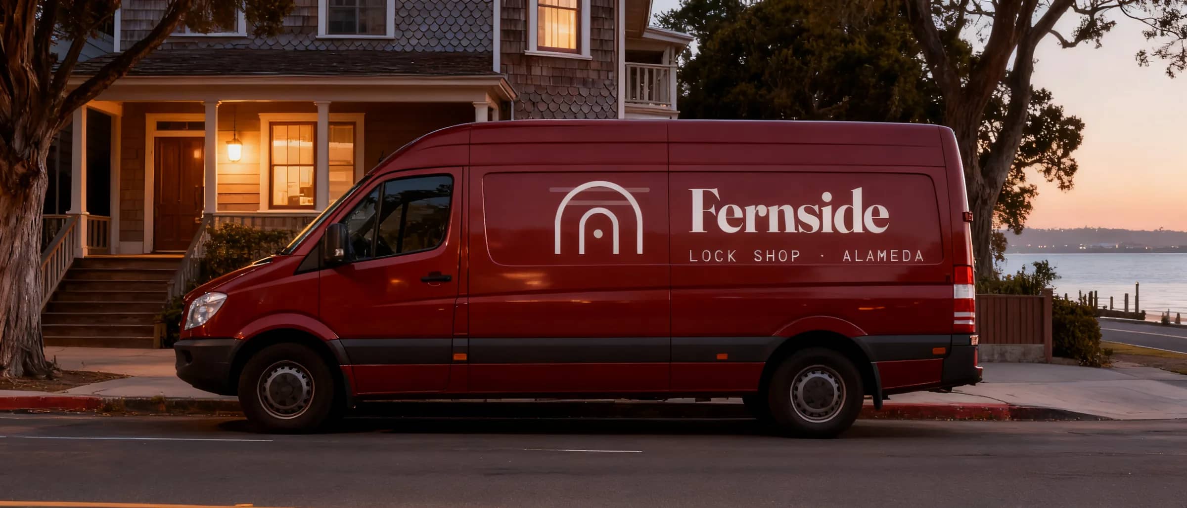 Fernside van parked along the kerb on an Alameda street after sunset